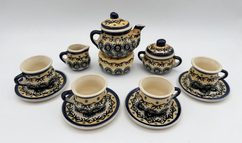 Boleslawiec POLISH POTTERY 14 Piece Miniature Child’s Tea Set Handmade in Poland